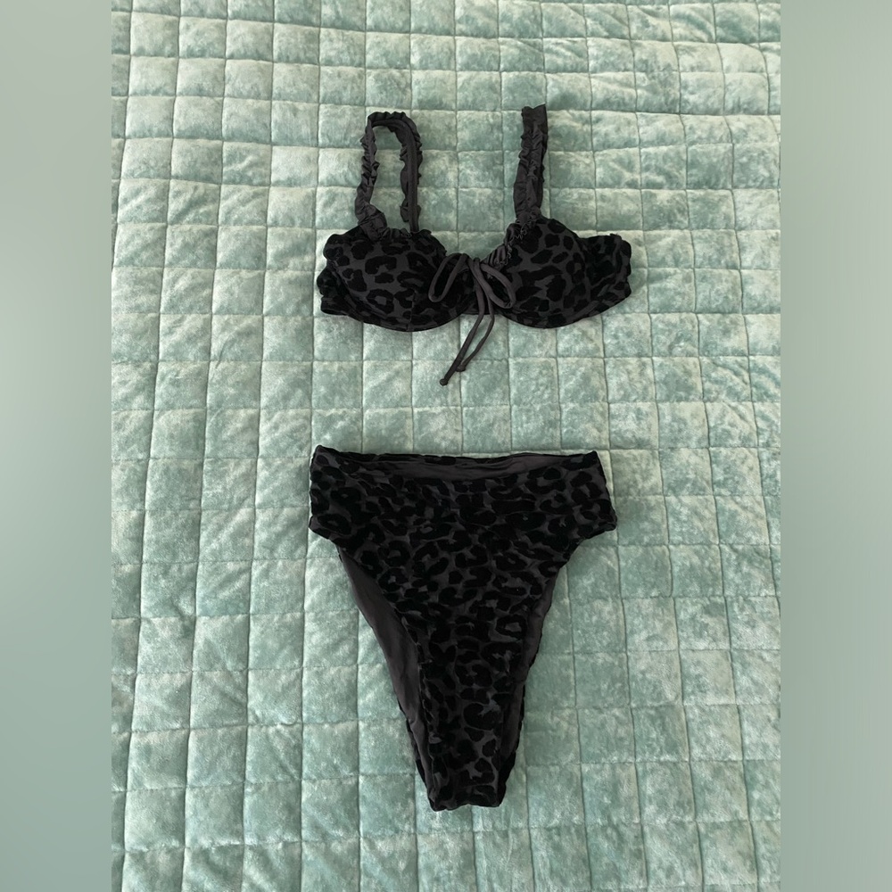 Black satin cheetah print high waisted bikini. Size small